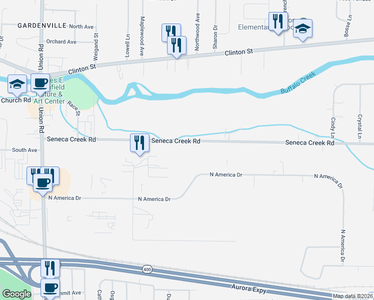 map of restaurants, bars, coffee shops, grocery stores, and more near 319 Seneca Creek Road in Buffalo