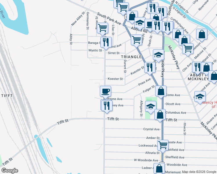 map of restaurants, bars, coffee shops, grocery stores, and more near 33 Trowbridge Street in Buffalo