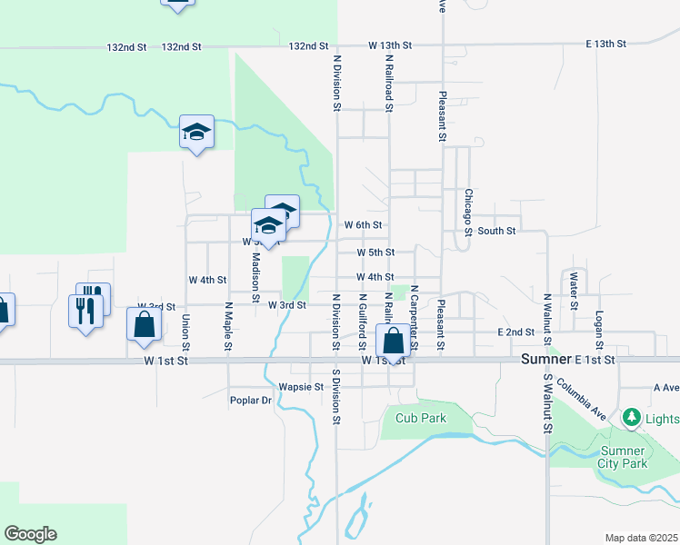 map of restaurants, bars, coffee shops, grocery stores, and more near 401-409 North Division Street in Sumner