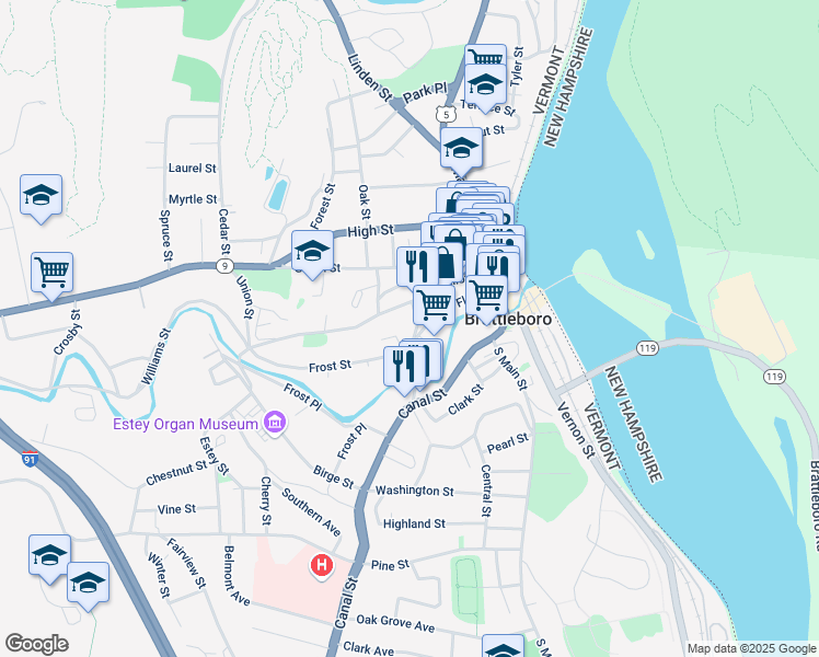 map of restaurants, bars, coffee shops, grocery stores, and more near 29 Elm St in Brattleboro