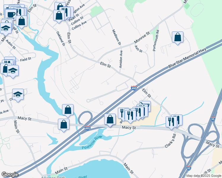 map of restaurants, bars, coffee shops, grocery stores, and more near 11 Lafayette Street in Amesbury