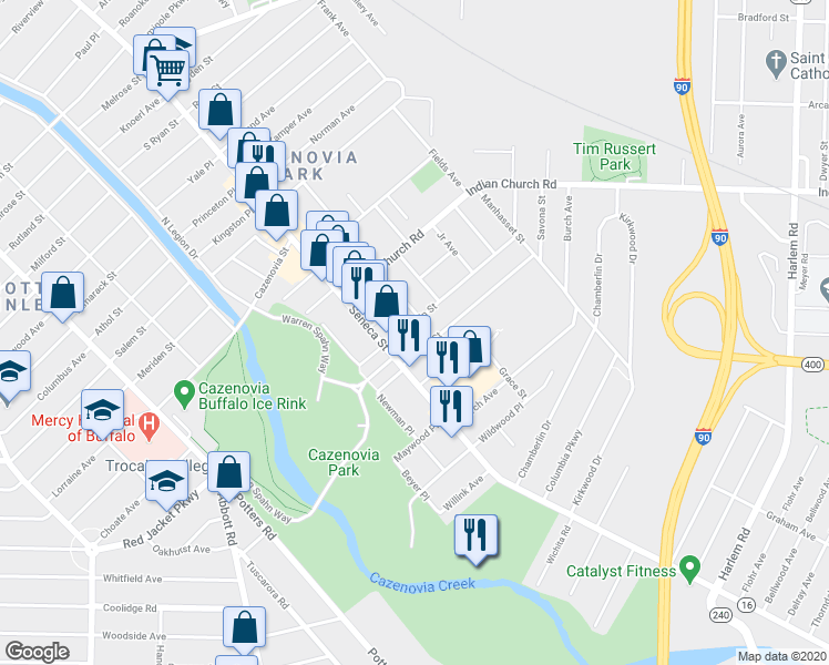 map of restaurants, bars, coffee shops, grocery stores, and more near 31 Duerstein Street in Buffalo