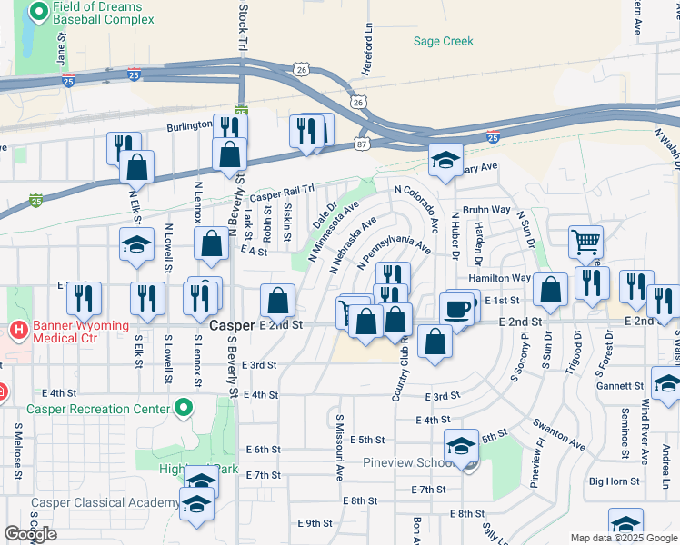 map of restaurants, bars, coffee shops, grocery stores, and more near 145 North Nebraska Avenue in Casper