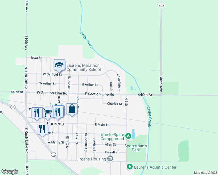 map of restaurants, bars, coffee shops, grocery stores, and more near 300-398 Oak St in Laurens
