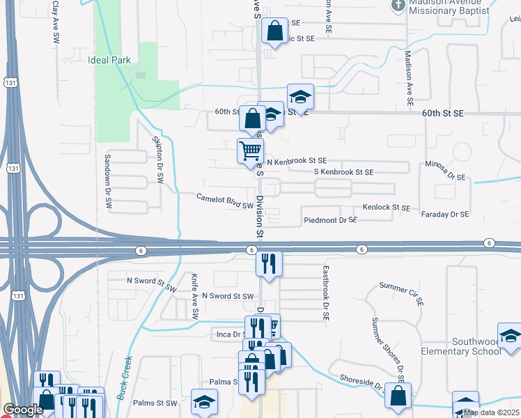map of restaurants, bars, coffee shops, grocery stores, and more near 6263 Division Avenue South in Grand Rapids