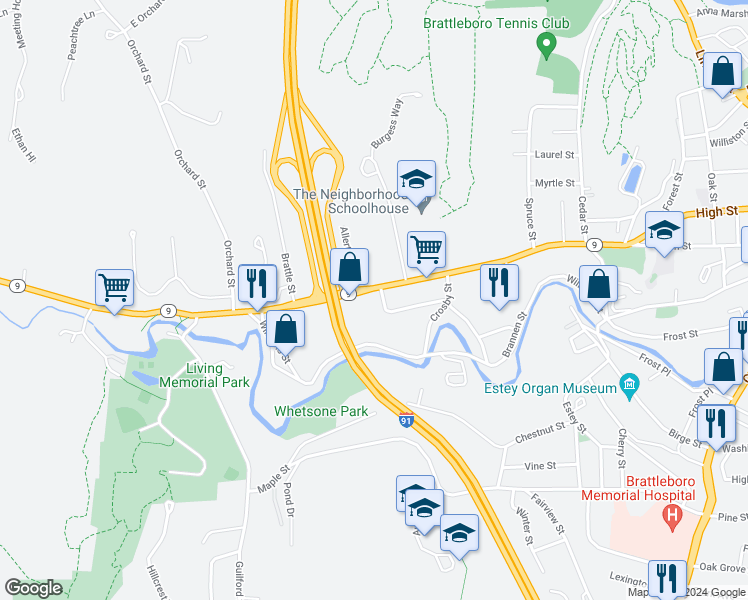 map of restaurants, bars, coffee shops, grocery stores, and more near 300 Western Avenue in Brattleboro