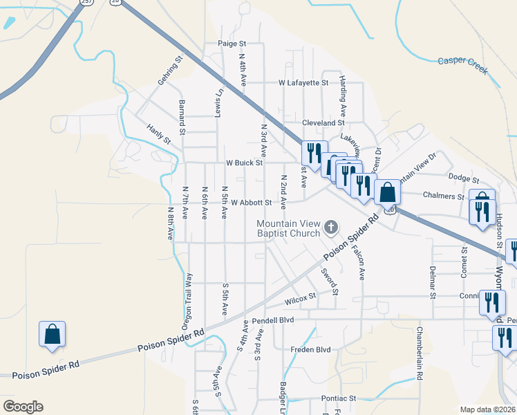 map of restaurants, bars, coffee shops, grocery stores, and more near 144 N 3rd Ave in Mills