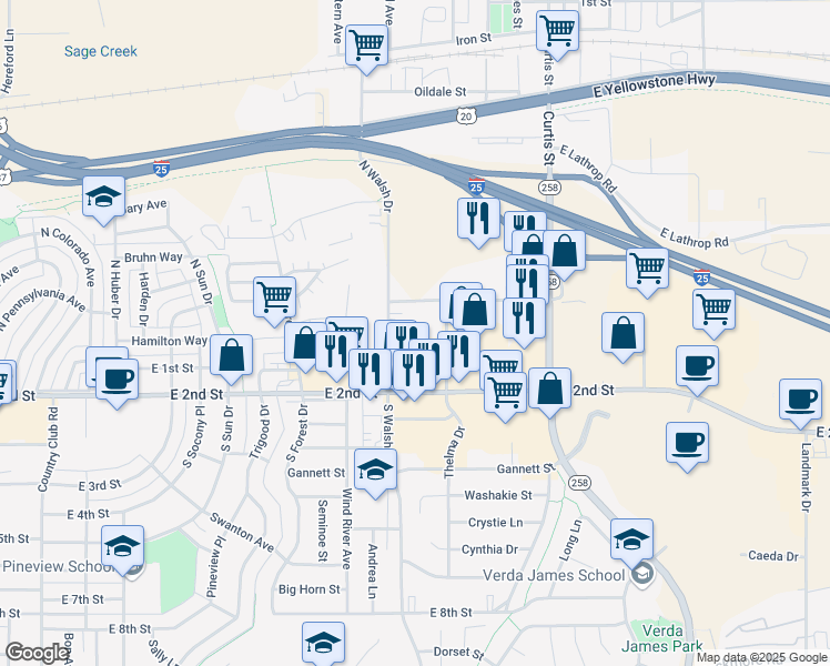map of restaurants, bars, coffee shops, grocery stores, and more near 4000 East 2nd Street in Casper