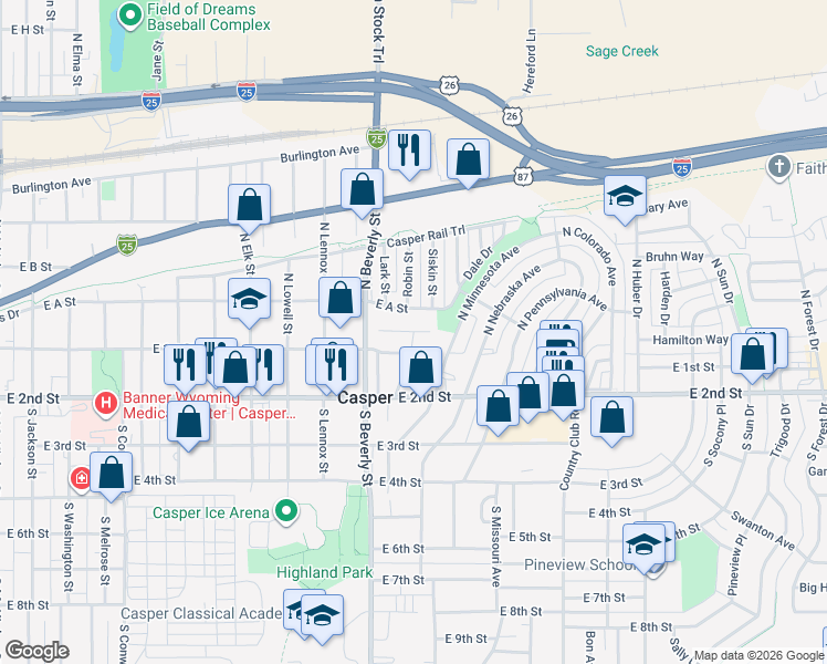map of restaurants, bars, coffee shops, grocery stores, and more near 1st Lane in Casper