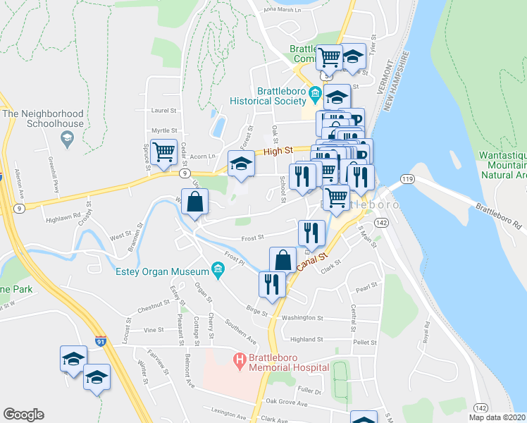 map of restaurants, bars, coffee shops, grocery stores, and more near 177 Elliot Street in Brattleboro
