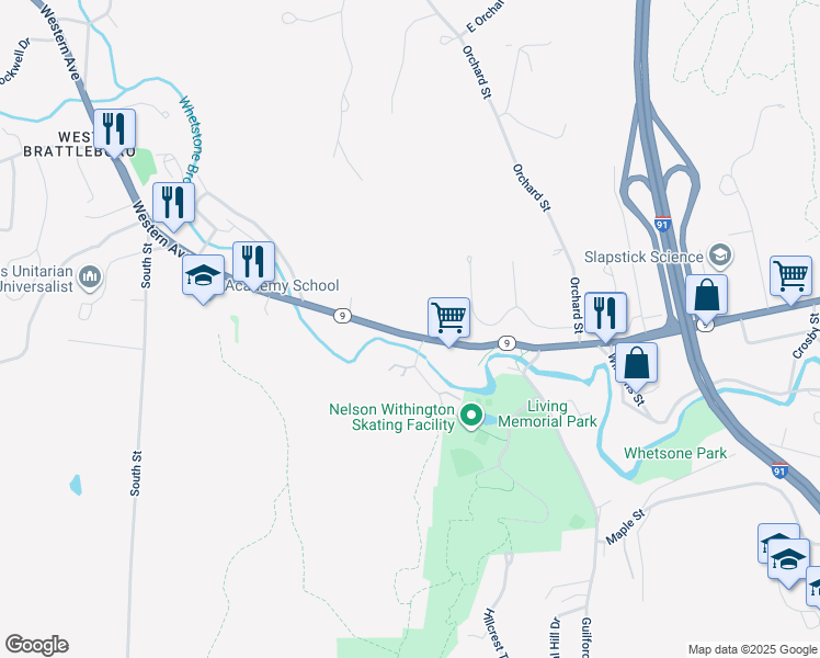 map of restaurants, bars, coffee shops, grocery stores, and more near 625 Western Avenue in Brattleboro