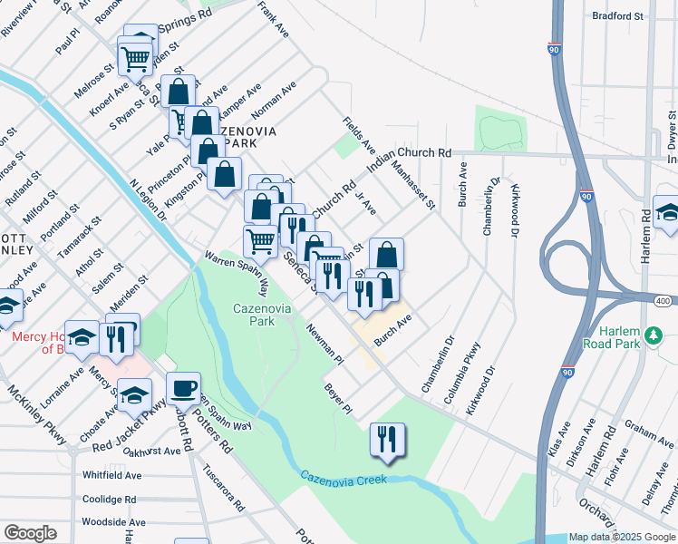 map of restaurants, bars, coffee shops, grocery stores, and more near 31 Duerstein Street in Buffalo