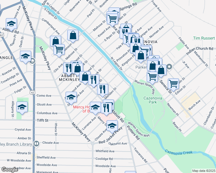 map of restaurants, bars, coffee shops, grocery stores, and more near 45 Salem Street in Buffalo