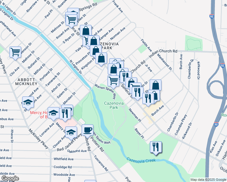 map of restaurants, bars, coffee shops, grocery stores, and more near 95 Warren Sphan Way in Buffalo