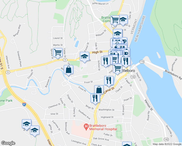 map of restaurants, bars, coffee shops, grocery stores, and more near 177 Elliot Street in Brattleboro