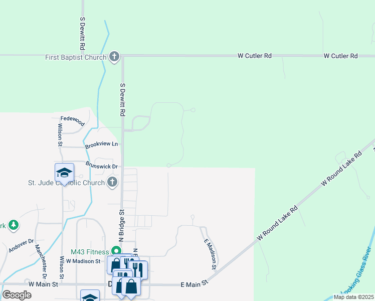 map of restaurants, bars, coffee shops, grocery stores, and more near 2032 Arbor Meadows Drive in DeWitt