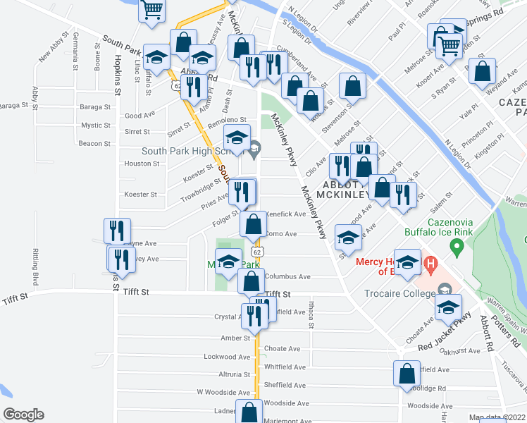 map of restaurants, bars, coffee shops, grocery stores, and more near 69 Southside Parkway in Buffalo