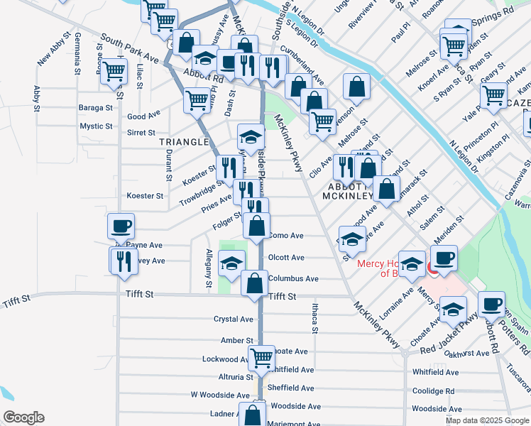 map of restaurants, bars, coffee shops, grocery stores, and more near 69 Southside Parkway in Buffalo