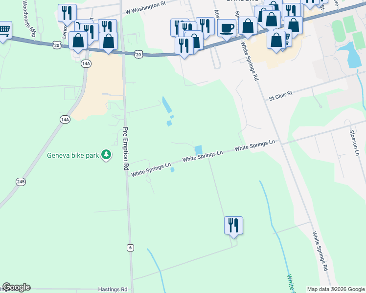 map of restaurants, bars, coffee shops, grocery stores, and more near 1 White Springs Circle in Geneva