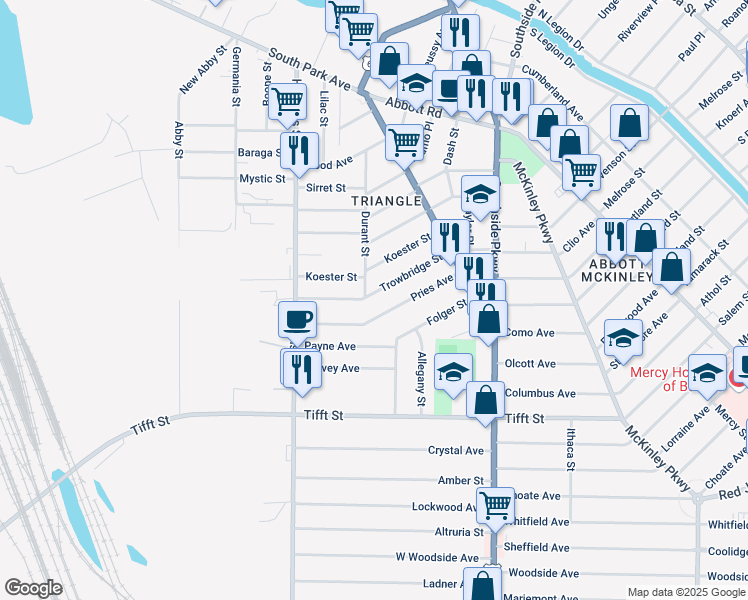 map of restaurants, bars, coffee shops, grocery stores, and more near 69 Trowbridge Street in Buffalo