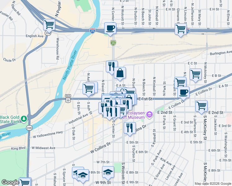 map of restaurants, bars, coffee shops, grocery stores, and more near 115 North Center Street in Casper