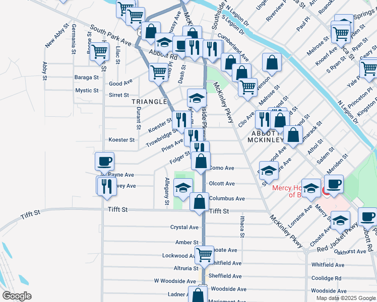 map of restaurants, bars, coffee shops, grocery stores, and more near 182 Folger Street in Buffalo