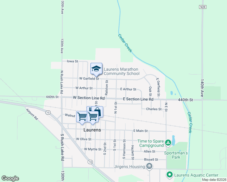 map of restaurants, bars, coffee shops, grocery stores, and more near 300-398 Ralston St in Laurens