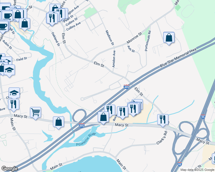 map of restaurants, bars, coffee shops, grocery stores, and more near 11 Lafayette Street in Amesbury
