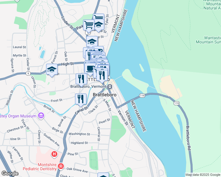 map of restaurants, bars, coffee shops, grocery stores, and more near 10 Vermont 142 in Brattleboro