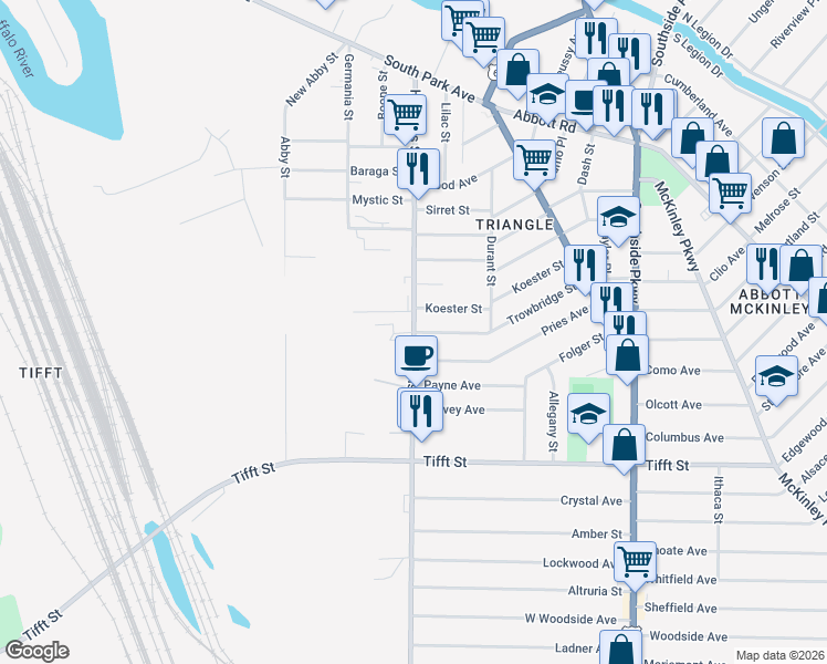 map of restaurants, bars, coffee shops, grocery stores, and more near Hopkins Street & Trowbridge Street in Buffalo