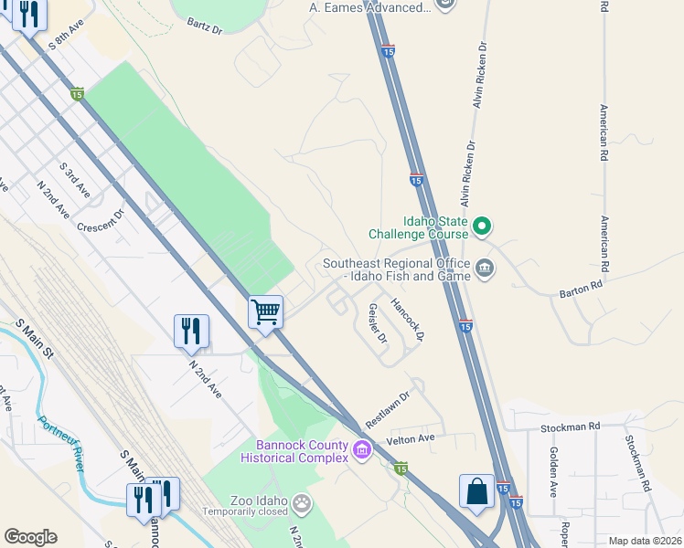 map of restaurants, bars, coffee shops, grocery stores, and more near 850 Barton Road in Pocatello