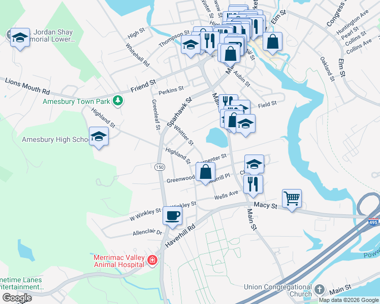 map of restaurants, bars, coffee shops, grocery stores, and more near 80 Highland Street in Amesbury