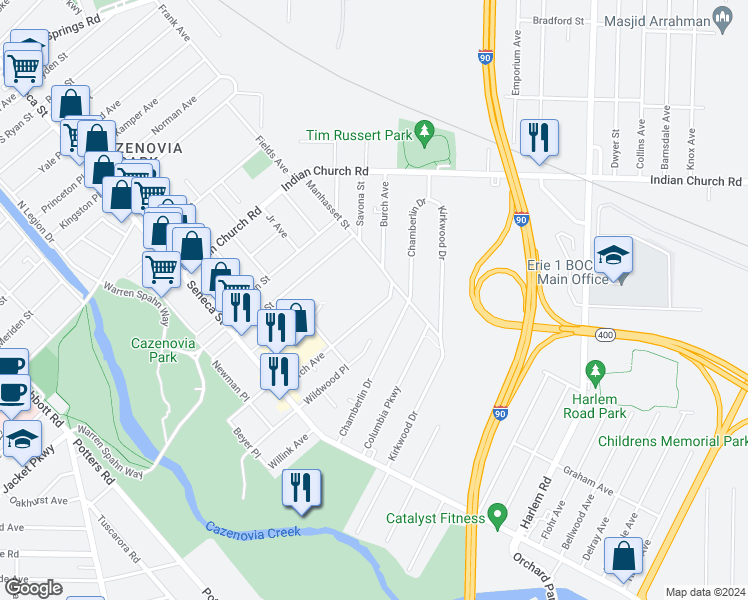 map of restaurants, bars, coffee shops, grocery stores, and more near 143 Burch Avenue in Buffalo