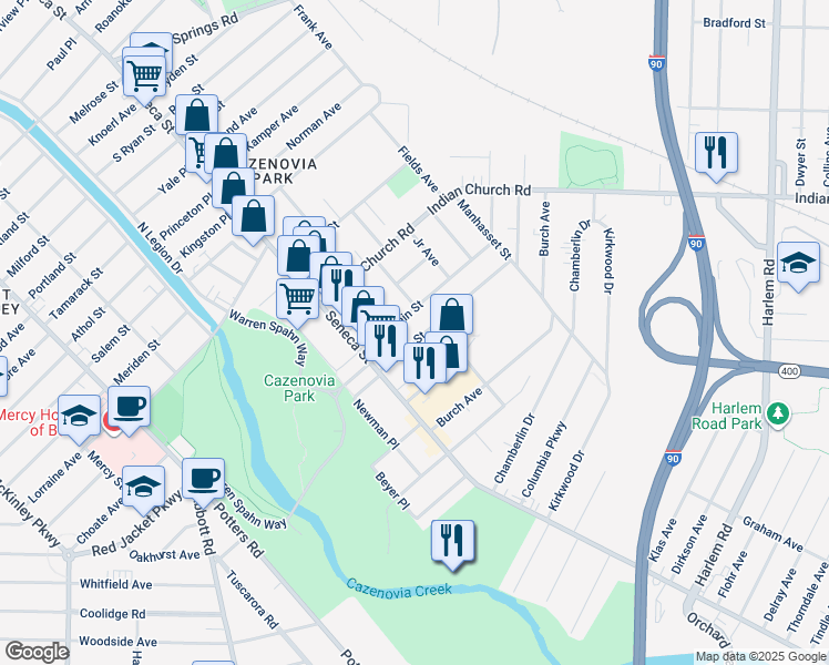map of restaurants, bars, coffee shops, grocery stores, and more near 55 Edson Street in Buffalo