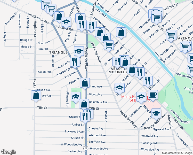 map of restaurants, bars, coffee shops, grocery stores, and more near 42 Kenefick Avenue in Buffalo