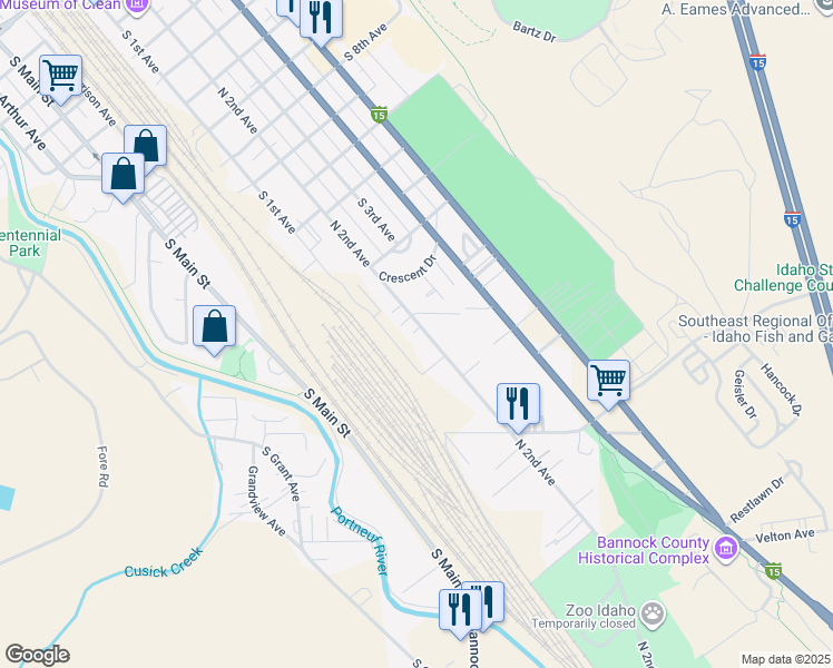 map of restaurants, bars, coffee shops, grocery stores, and more near 1919 South 2nd Avenue in Pocatello