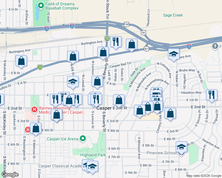 map of restaurants, bars, coffee shops, grocery stores, and more near 1st Lane in Casper