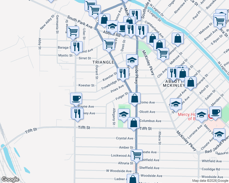 map of restaurants, bars, coffee shops, grocery stores, and more near 151 Pries Avenue in Buffalo