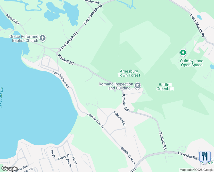 map of restaurants, bars, coffee shops, grocery stores, and more near 7 Acadia Kimball Road in Amesbury