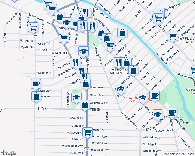map of restaurants, bars, coffee shops, grocery stores, and more near 42 Kenefick Avenue in Buffalo