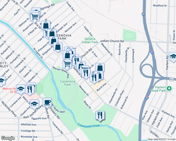 map of restaurants, bars, coffee shops, grocery stores, and more near 31 Duerstein Street in Buffalo