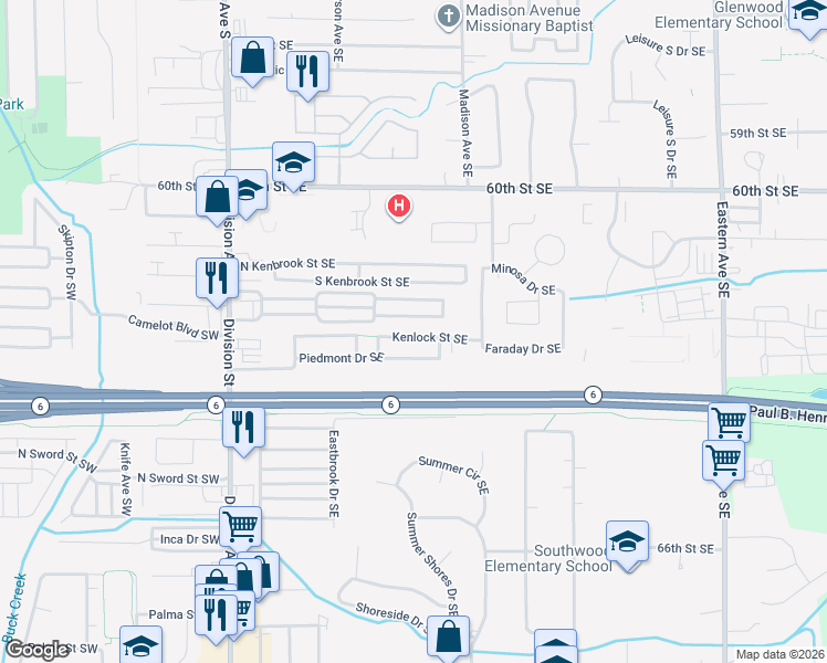 map of restaurants, bars, coffee shops, grocery stores, and more near 289 Kenlock Street Southeast in Grand Rapids