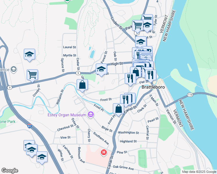 map of restaurants, bars, coffee shops, grocery stores, and more near 179 Elliot Street in Guilford