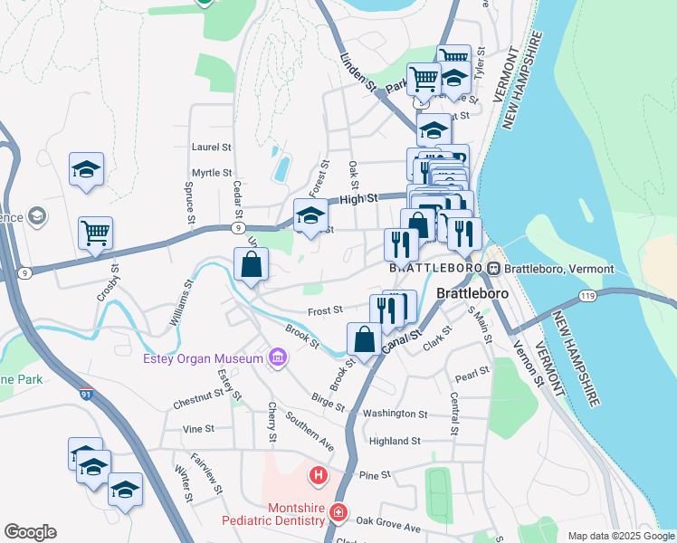 map of restaurants, bars, coffee shops, grocery stores, and more near 177 Elliot Street in Brattleboro