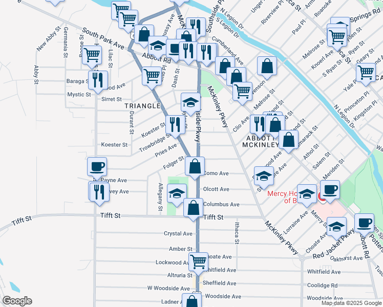 map of restaurants, bars, coffee shops, grocery stores, and more near 69 Southside Parkway in Buffalo