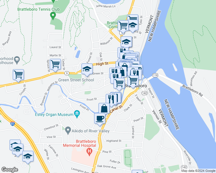 map of restaurants, bars, coffee shops, grocery stores, and more near 140 Elliot Street in Brattleboro
