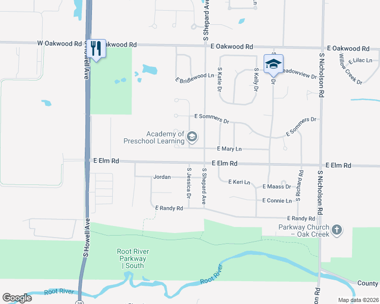 map of restaurants, bars, coffee shops, grocery stores, and more near 708 East Elm Road in Oak Creek