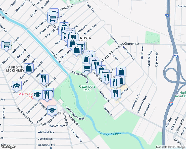map of restaurants, bars, coffee shops, grocery stores, and more near 95 Warren Sphan Way in Buffalo