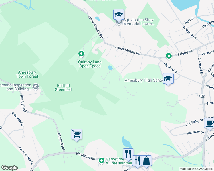 map of restaurants, bars, coffee shops, grocery stores, and more near 25 Elizabeth Street in Amesbury