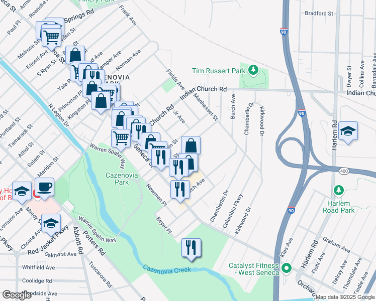 map of restaurants, bars, coffee shops, grocery stores, and more near 55 Edson Street in Buffalo